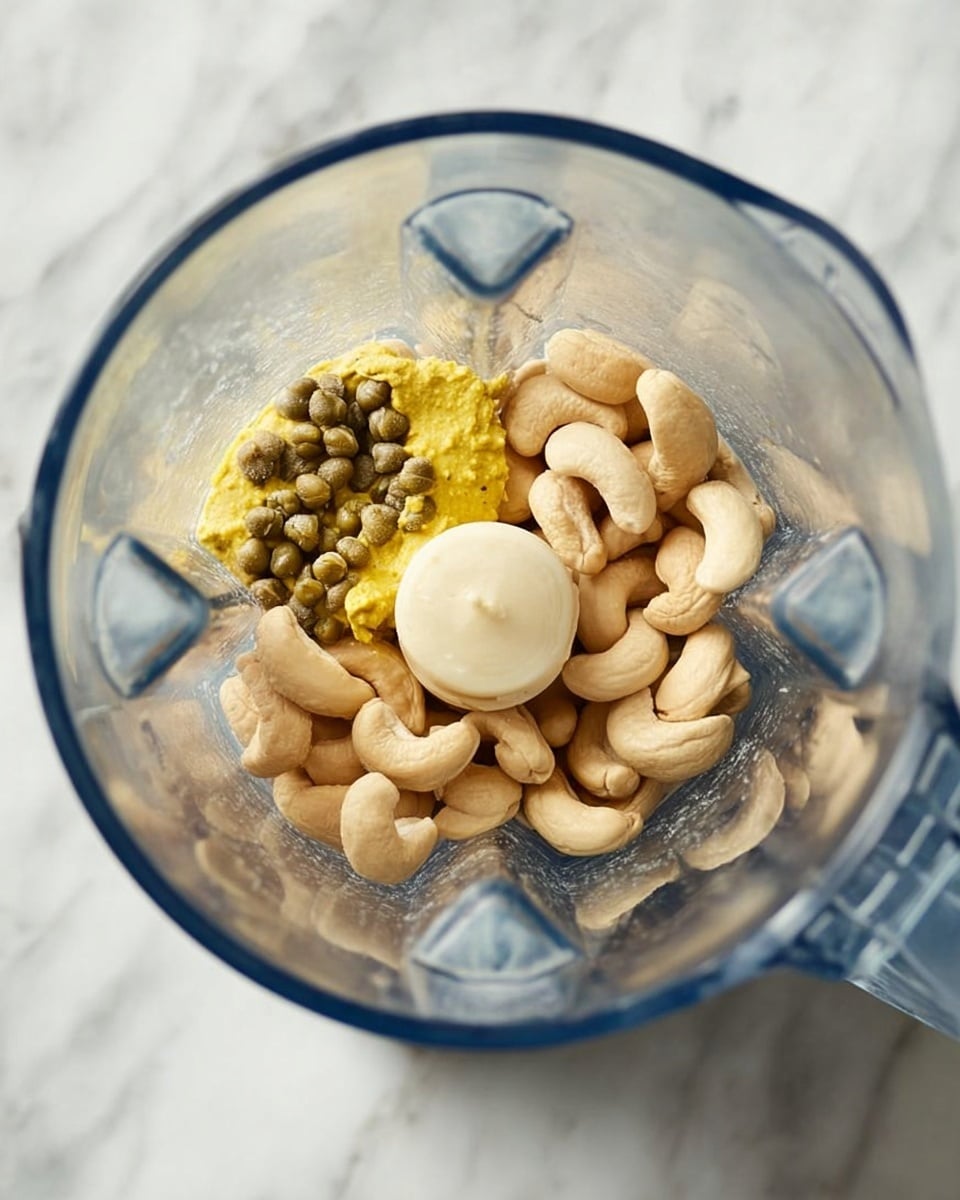 A clear blender jar filled with several light beige cashew nuts as the base layer. On top of the cashews, there is a small mustard-yellow dollop of mustard, a few plump greenish capers, and a single smooth white garlic clove, all arranged close together in the center. The inside walls of the blender are slightly shiny and the jar rests on a white marbled surface. photo taken with an iphone --ar 4:5 --v 7