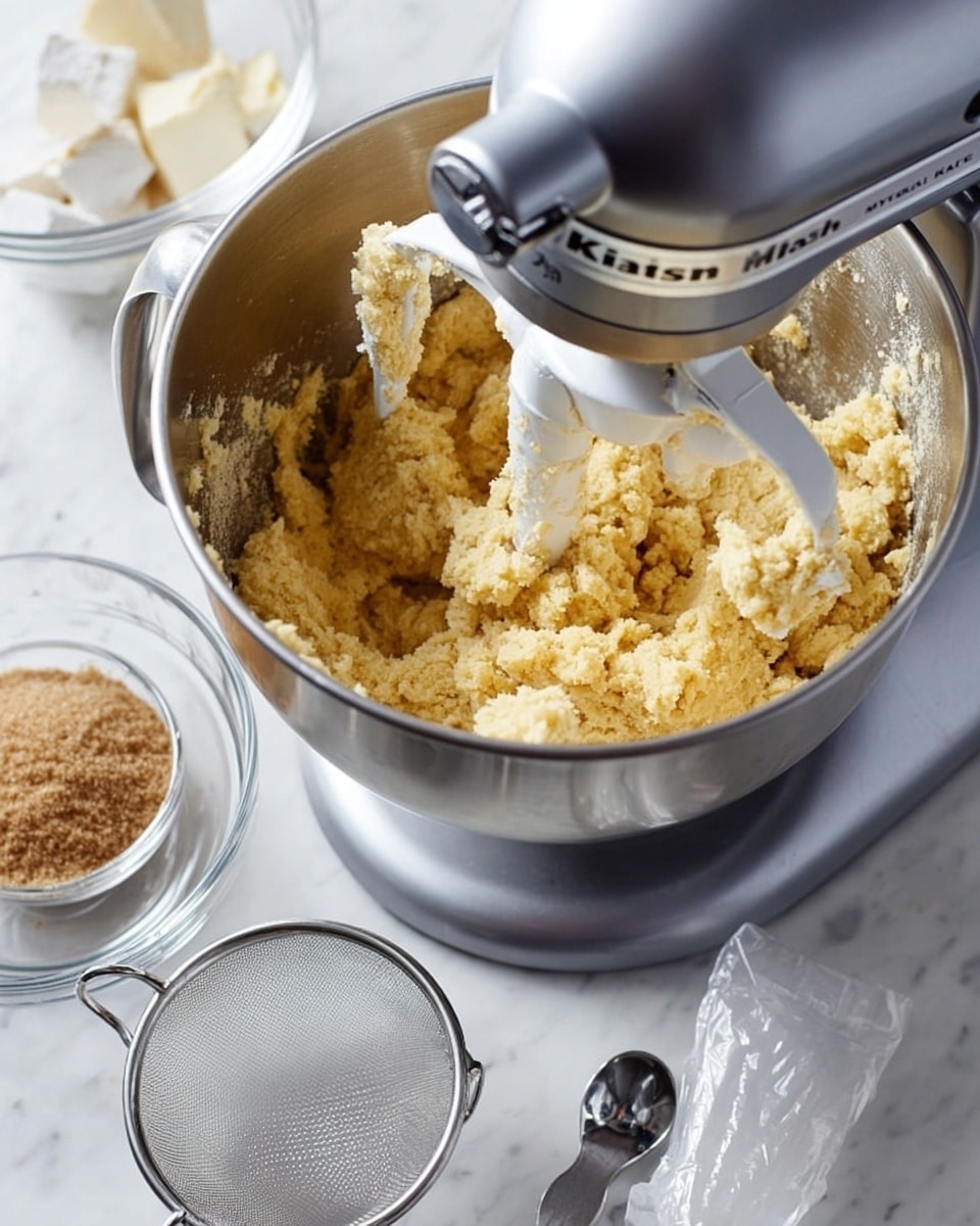 A silver metal mixing bowl filled with light yellow dough sits under a silver KitchenAid mixer with a white paddle attachment covered in dough. Around the bowl on a white marbled surface, there is a large clear glass bowl with a metal sifter resting inside, a small clear bowl with light brown sugar, silver measuring spoons, and a transparent butter wrapper with a small amount of butter left. The texture of the dough looks thick and slightly crumbly, with some dough stuck on the edges of the bowl. photo taken with an iphone --ar 4:5 --v 7