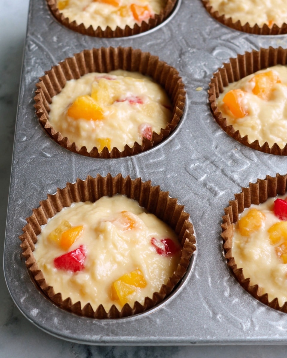 The image shows a close-up of several muffin cups inside a metal baking tray, each cup filled with creamy, light yellow batter. The batter contains colorful fruit pieces, including bright orange chunks and a few red bits, scattered evenly throughout. The muffin cups are brown paper liners with a crinkled texture, neatly holding the batter. The metal tray has a shiny, slightly scratched surface, contrasting with the smooth, creamy texture of the batter and the bright colors of the fruit pieces. The setup rests on a white marbled surface and the photo taken with an iphone --ar 4:5 --v 7