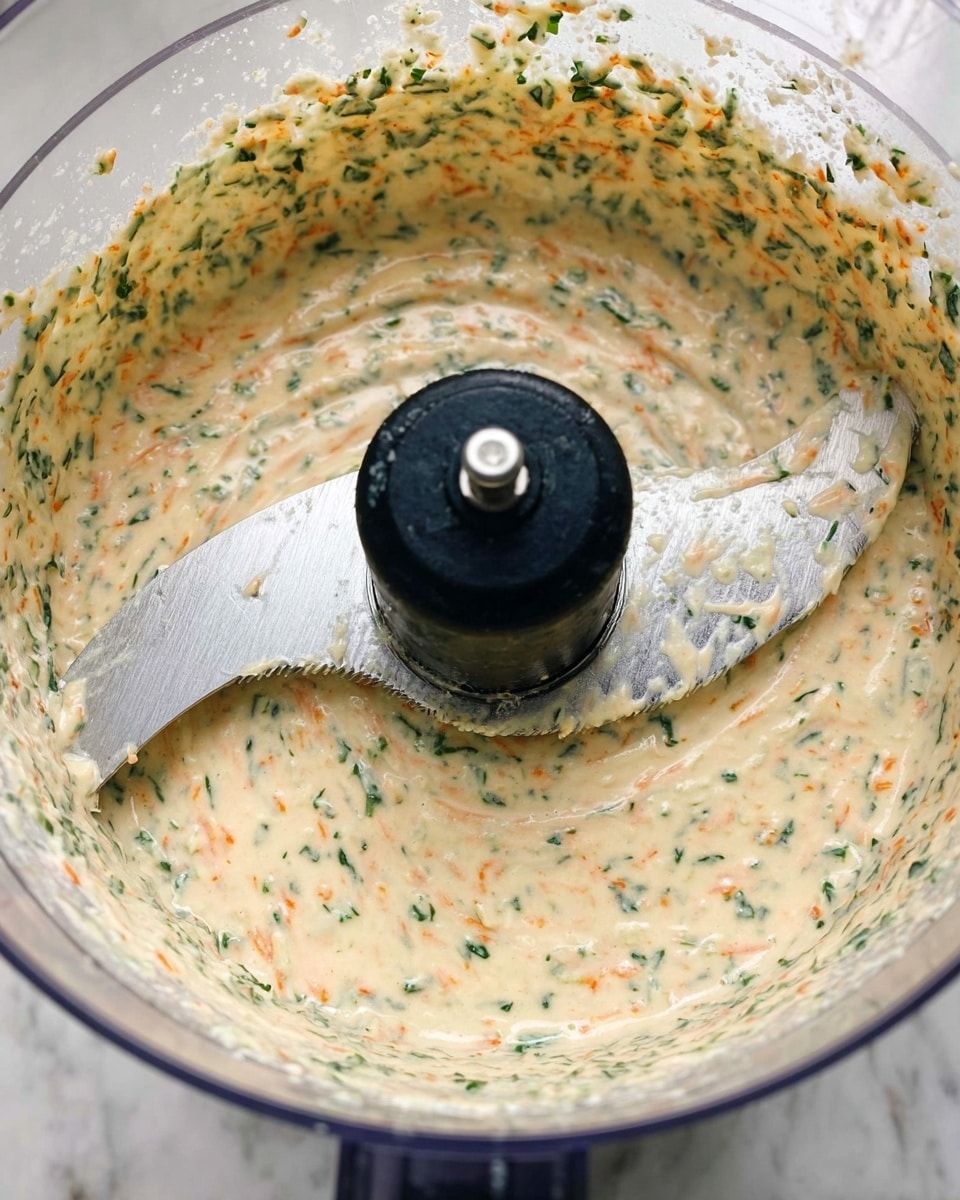 A close-up top view shows a clear food processor bowl containing a creamy mixture with fine green flecks and small orange bits spread evenly throughout. The mixture clings to the sides and the metal blade in the center, which has a smooth silver finish and is attached to a black central piece. The background is a white marbled surface. photo taken with an iphone --ar 4:5 --v 7