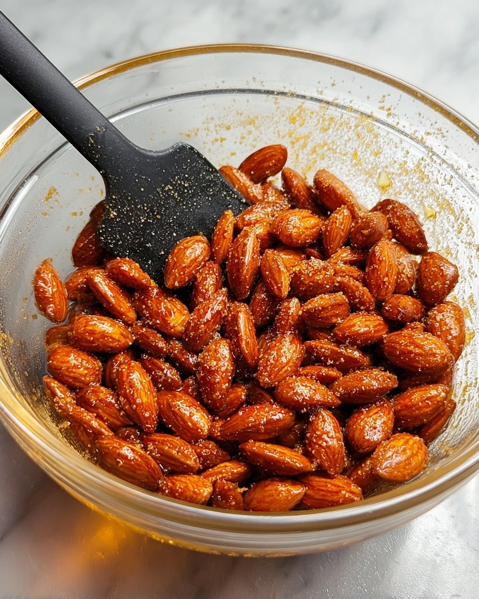 A clear glass bowl filled with one layer of roasted almonds coated in a shiny golden-brown glaze with visible granules of sugar or spice sprinkled over them. A black spatula with a flat edge rests inside the bowl on the left side, slightly under the almonds. The bowl sits on a white marbled textured surface that reflects some light. The almonds have a smooth but textured look, and the glaze gives them a slightly sticky appearance. photo taken with an iphone --ar 4:5 --v 7