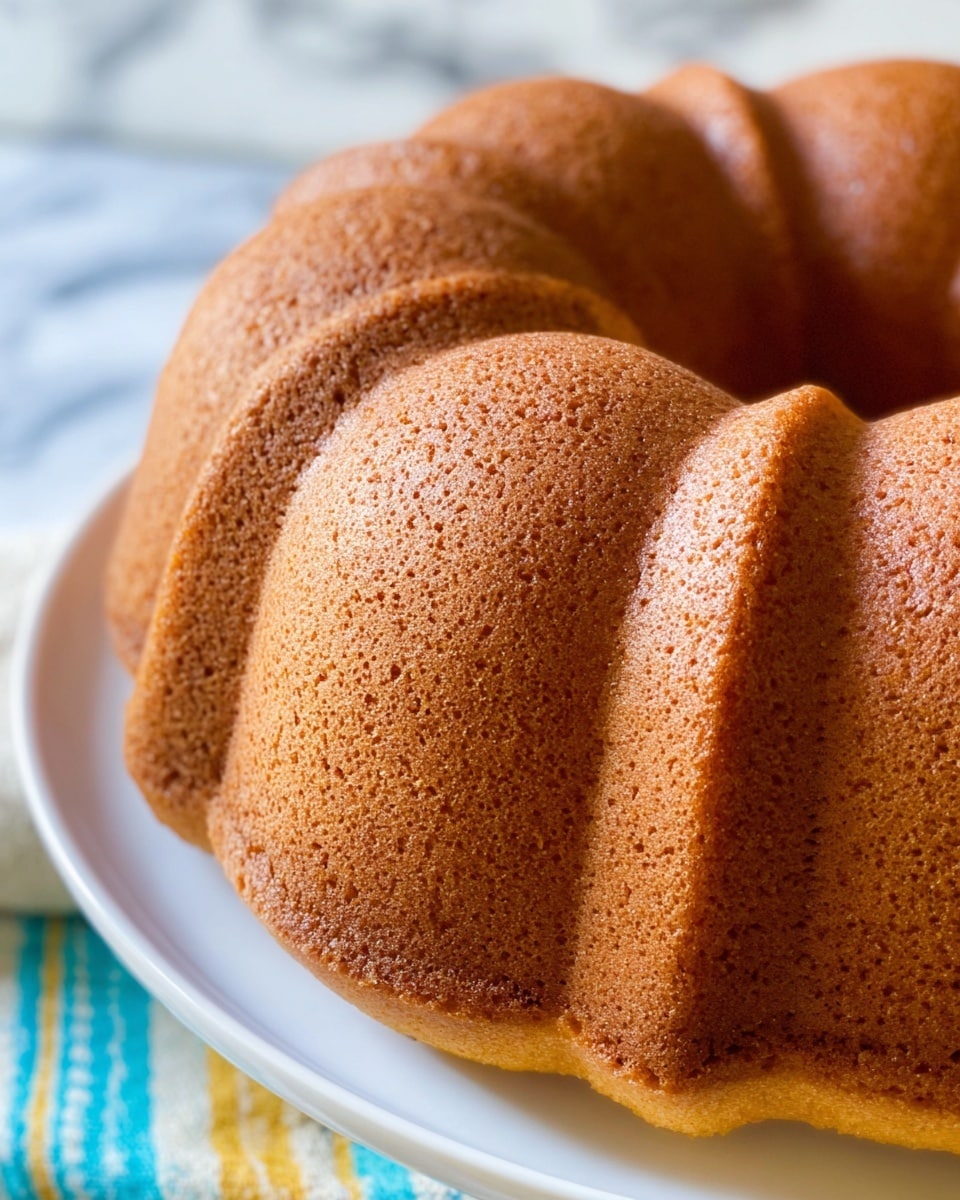 The image shows a close-up of a golden brown bundt cake with a smooth, slightly rough texture and small air holes on the surface. The cake has a circular shape with deep curved ridges, and it sits on a white plate. The background features a white marbled texture with a small part of a blue and yellow striped cloth visible under the plate. Photo taken with an iphone --ar 4:5 --v 7