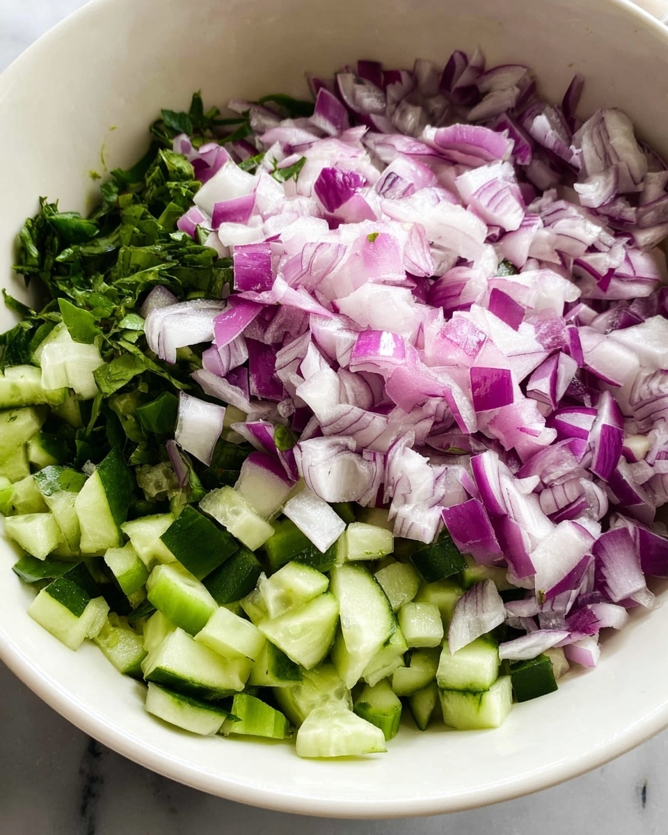 A close-up view of a white bowl filled with a fresh salad made of three distinct layers: the bottom layer shows small pieces of green cucumber with some light green celery, mixed with leafy green herbs, the middle layer is mostly hidden but appears to provide additional greens and cucumber, and the top layer covers the bowl with a generous pile of chopped purple and white onions, all sitting on a white marbled surface. Photo taken with an iphone --ar 4:5 --v 7