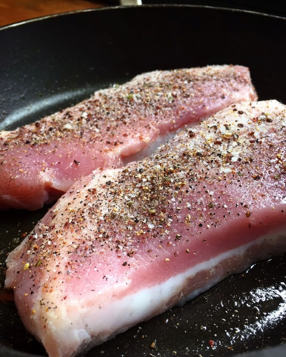 Two raw pieces of light pink meat with white fat edges lie side by side in a black pan. Both pieces are sprinkled with coarse black pepper and white salt, covering the top surfaces evenly. The pan’s dark, slightly shiny texture contrasts with the soft, fresh look of the meat. photo taken with an iphone --ar 4:5 --v 7