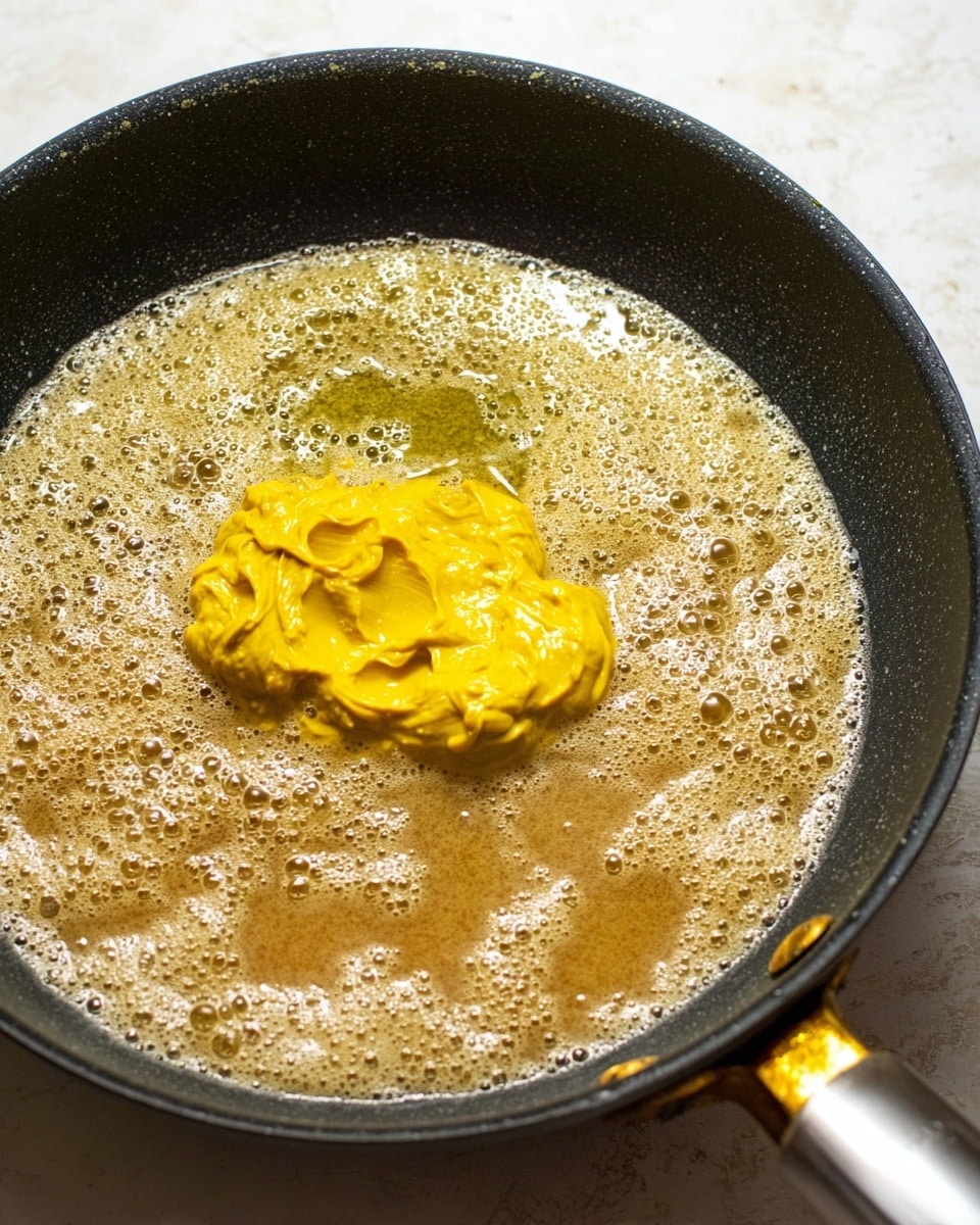 The image shows a close-up of a black pan with bubbling liquid that is light brown and slightly golden in color, covering the whole base of the pan. In the center, there is a thick dollop of bright yellow mustard with a creamy texture sitting on top of the bubbling liquid. The pan is on a white marbled surface, and part of the silver handle with a golden screw is visible in the bottom right corner. photo taken with an iphone --ar 4:5 --v 7