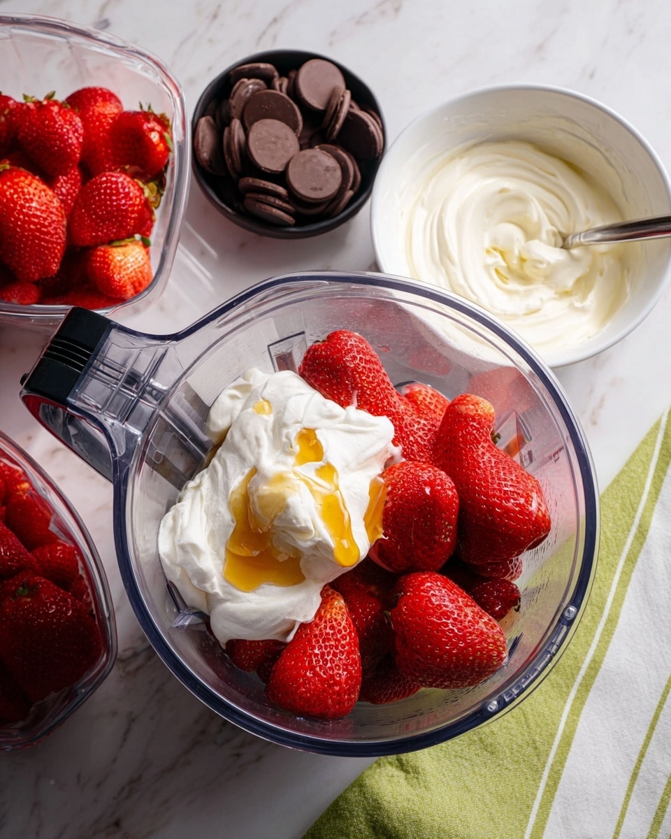 A clear blender bowl sits on a white marbled surface, filled with bright red whole strawberries at the bottom, topped with thick white creamy yogurt and a drizzle of golden honey over the yogurt. Surrounding the blender bowl, there is a white bowl of creamy yogurt with a spoon inside, a small black bowl filled with dark chocolate discs, and a clear plastic container holding more fresh red strawberries. A green and white kitchen towel is partially visible under the bowls. Photo taken with an iphone --ar 4:5 --v 7