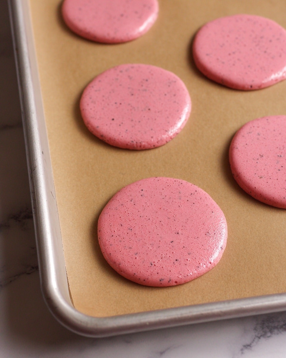The image shows several small, round pink batter circles with a smooth, slightly bubbly texture spread evenly on a baking sheet lined with light brown parchment paper. The batter has small specks inside, giving it a speckled look. The baking sheet is silver and placed on a white marbled surface. Photo taken with an iphone --ar 4:5 --v 7