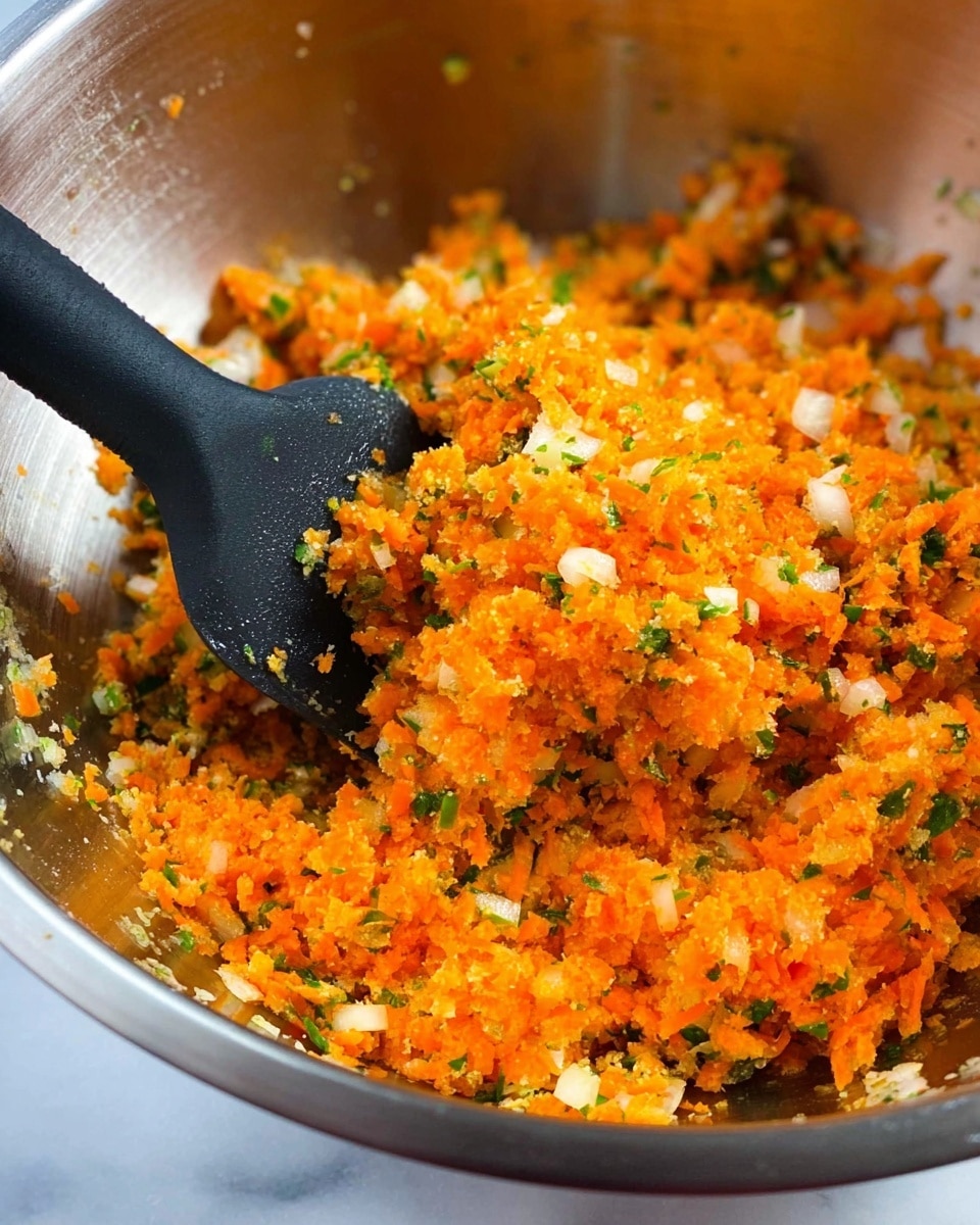 A close-up image of a shiny metal bowl filled with a mix of finely chopped orange carrots, white onions, and small bits of green herbs evenly combined. A black spatula is placed inside the bowl, partially immersed in the mixture, which has a finely textured and moist look. The background shows a soft white marbled surface. Photo taken with an iphone --ar 4:5 --v 7
