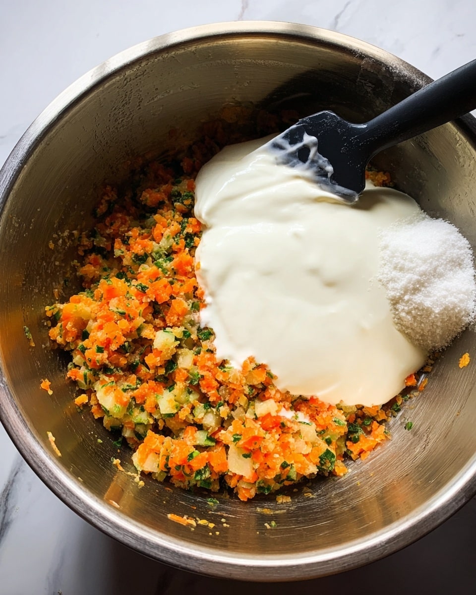 A mixing bowl made of stainless steel contains a layer of finely chopped orange and green vegetables at the bottom, showing a rough and small diced texture. On top of this vegetable layer, a smooth, creamy white sauce or yogurt is poured, covering a large part of the vegetables unevenly. There is also a small mound of white granulated sugar or salt on the right side of the white layer. A black silicone spatula rests inside the bowl, partially submerged in the ingredients, with its edge coated in the creamy white substance. The background surface shows a white marbled texture. photo taken with an iphone --ar 4:5 --v 7