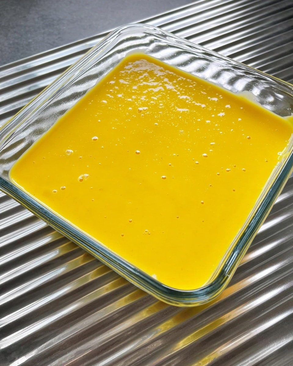 A clear glass square dish filled with a single smooth layer of bright yellow mixture that has a slightly shiny and thick texture. The dish is placed on a shiny silver ridged surface. The yellow layer covers the entire base evenly with a few small bubbles or lumps visible. Photo taken with an iphone --ar 4:5 --v 7
