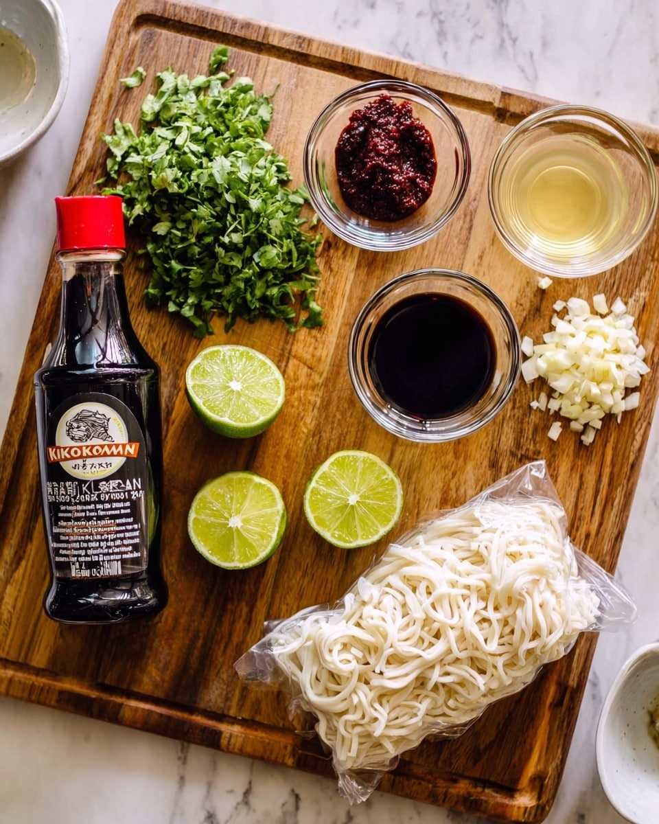 A wooden board with several cooking ingredients neatly placed on it. On the left side, there is a bottle of Kikkoman soy sauce laying down with its label visible. Near the top center, there are two clear small bowls, one filled with a dark red paste and the other with a light brown liquid. Below these, a bunch of chopped green herbs sits beside four lime halves, showing their bright green and pale yellow interiors. On the right side, a sealed plastic pack of white noodles is placed next to a small clear bowl with a light yellow liquid inside. In the middle, there is a small pile of minced white garlic. The whole scene rests on a white marbled surface with a partial view of a white bowl on the left edge. Photo taken with an iphone --ar 4:5 --v 7