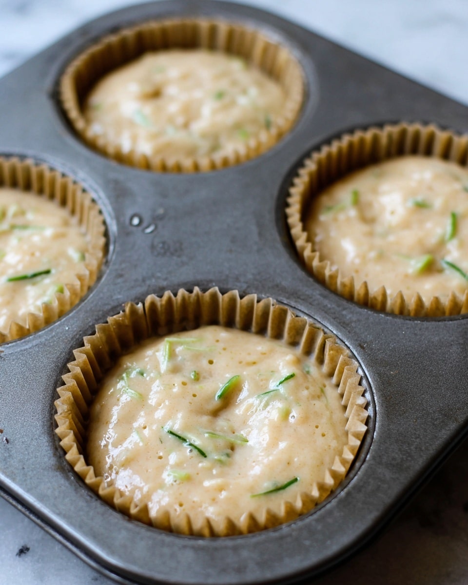 The image shows a close-up of a metal muffin tray holding four muffin cups filled with unbaked batter. Each cup contains a single thick layer of pale beige batter with small green shreds mixed throughout, giving a slightly uneven texture. The muffin liners are light brown with ridged edges, and the batter surfaces are smooth but show some small bubbles and bits of the green ingredient peeking through. The tray rests on a surface that has been visually changed to a white marbled texture. Photo taken with an iphone --ar 4:5 --v 7