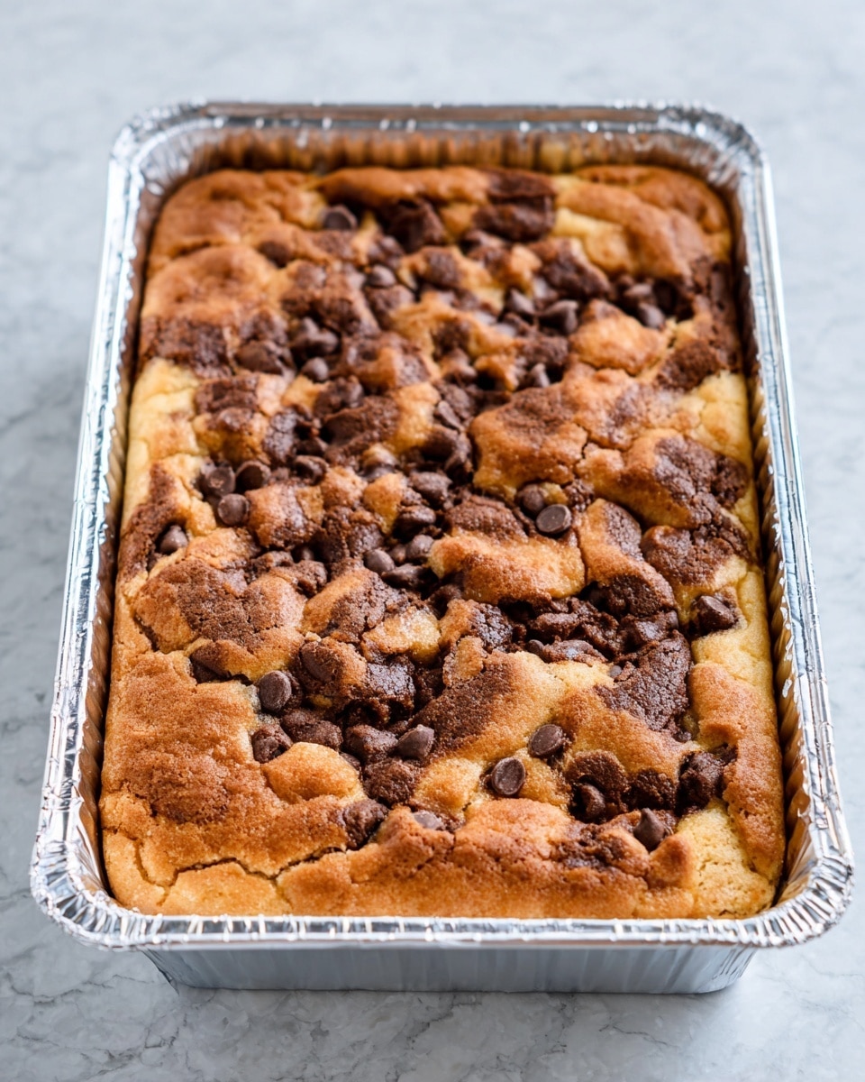 This image shows a baked dessert in a silver foil tray with a thick base layer of golden dough. On top, there is a darker, uneven layer with a rough texture that looks like a mix of cookie dough and melted chocolate chips, creating browned patches across the surface. The top layer has a cracked appearance with darker and lighter brown spots scattered randomly. The tray sits on a white marbled surface. Photo taken with an iphone --ar 4:5 --v 7
