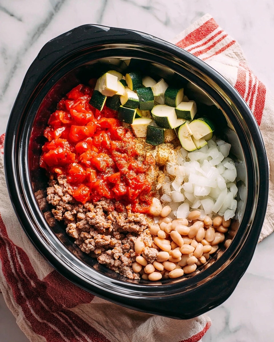 A black slow cooker filled with five layers of ingredients arranged side by side: at the bottom left, cooked ground meat with a light brown color; next to it, bright red diced tomatoes; above the tomatoes, cut zucchini chunks with green skins and light inner flesh; to the right of tomatoes, light beige beans topped with light brown seasonings; and at the bottom right, chopped white onions. The slow cooker sits on a white marbled surface with a red and white striped cloth partially visible underneath. Photo taken with an iphone --ar 4:5 --v 7