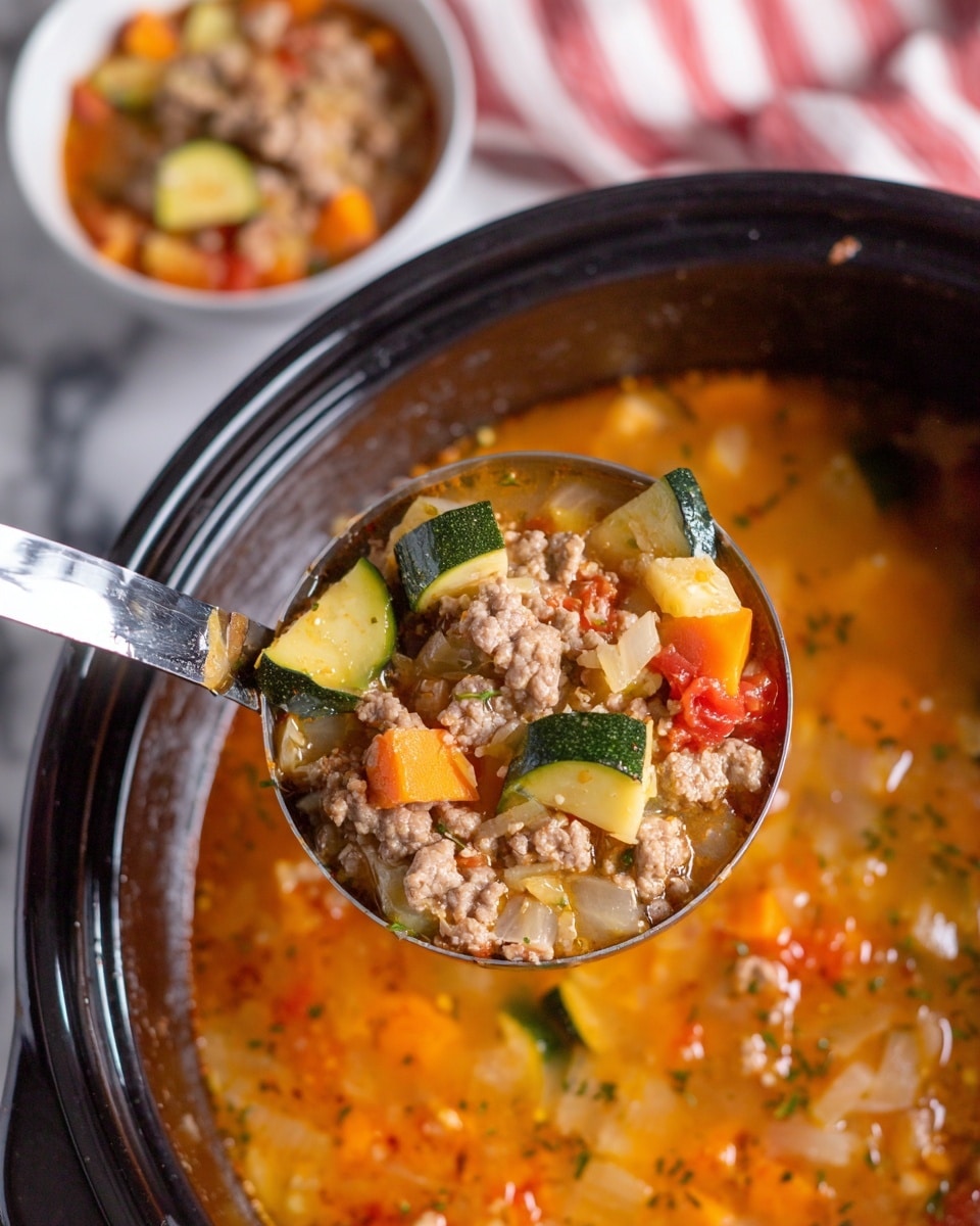 The image shows a black slow cooker filled with a thick soup. The soup has a bright orange broth that covers the middle and right parts. Around the edges, there are many chunks of vegetables and meat, including thick green zucchini slices, orange carrot pieces, pale onion bits, and small brown meat lumps mixed with some red tomato chunks. The mix looks soft and cooked with small herbs spread in the soup. The cooker sits on a white marbled surface, and a blurry background hints at other dishes. photo taken with an iphone --ar 4:5 --v 7