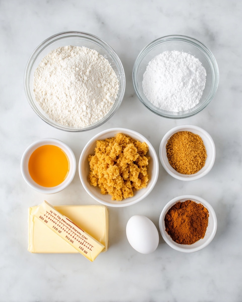 The image shows seven ingredients placed on a white marbled surface. There are two clear glass bowls at the top, one filled with white powdery flour and the other with fine white powdered sugar. Below them, from left to right, there is a small white bowl holding orange liquid, a white bowl in the middle filled with light brown crumbly sugar, and another small white bowl to the right with a heap of brown powder spice. Below these, there is a half-stick of pale yellow butter with measurement marks on its wrapper, and a single white egg resting beside it. All items are neatly arranged with clear detail showing the texture of each ingredient. Photo taken with an iphone --ar 4:5 --v 7
