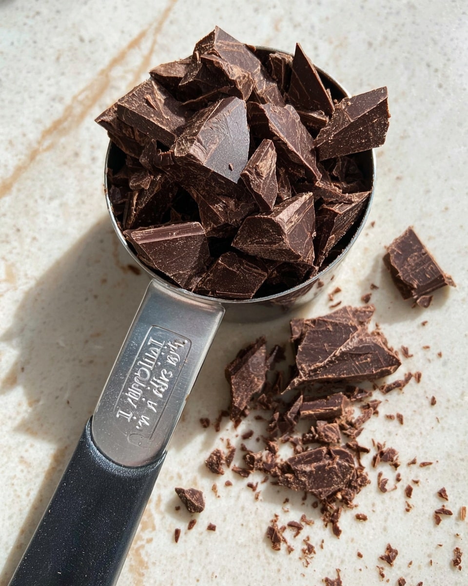A close-up view of a metal measuring cup filled with broken pieces of dark brown chocolate, showing rough edges and an uneven texture. The cup is labeled ⅓ cup 80 mL on its handle, which has a black grip at the end. Several chocolate pieces and small crumbs are scattered around the cup on a white marbled textured surface. The lighting creates soft shadows and highlights on the chocolate, making it look rich and dense. photo taken with an iphone --ar 4:5 --v 7