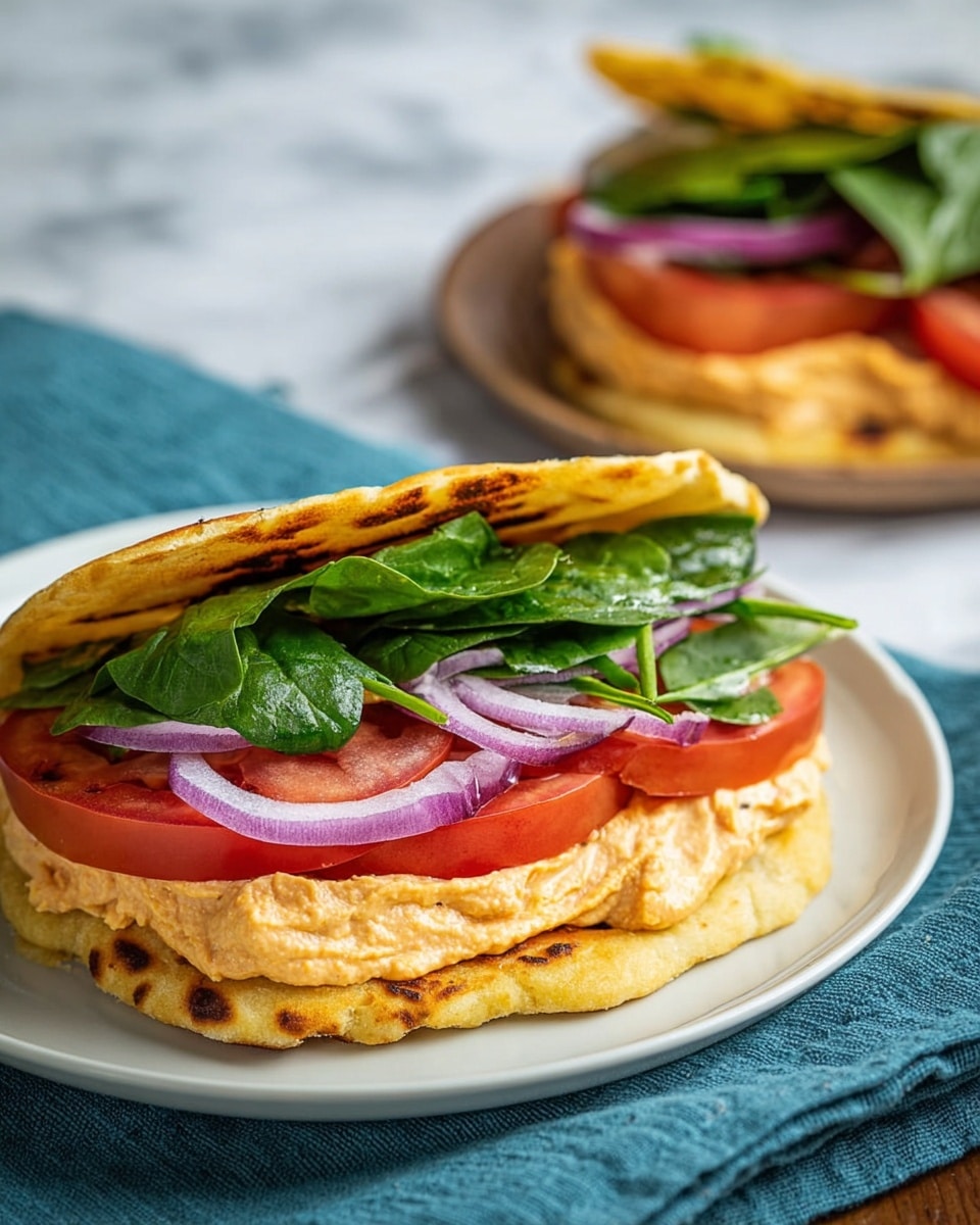 The image shows a sandwich with three main layers sitting on a white plate atop a blue cloth on a white marbled surface. The bottom layer is flatbread with a golden brown, slightly crispy texture. Above that are thick slices of bright red tomato. On top of the tomatoes is a smooth, creamy light orange spread, followed by thin rings of purple onion. The top layer is fresh green spinach leaves, covered by another piece of the golden flatbread, folded over to make the sandwich. In the background, a second similar sandwich is partly visible. Photo taken with an iphone --ar 4:5 --v 7
