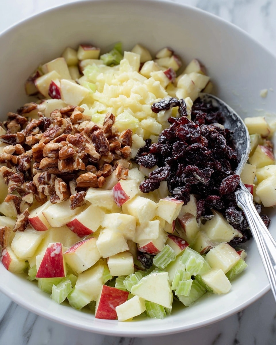 A close-up view of a white bowl filled with a mixed fruit salad. The salad layers include diced light yellow apples with red edges and small pieces of light green celery, all coated in a creamy dressing. On top, there are three separated piles: dark brown chopped nuts, dark black raisins, and small dark red dried berries. A silver spoon rests inside the bowl on the right side, partially covered by the salad. The background shows a white marbled texture. photo taken with an iphone --ar 4:5 --v 7