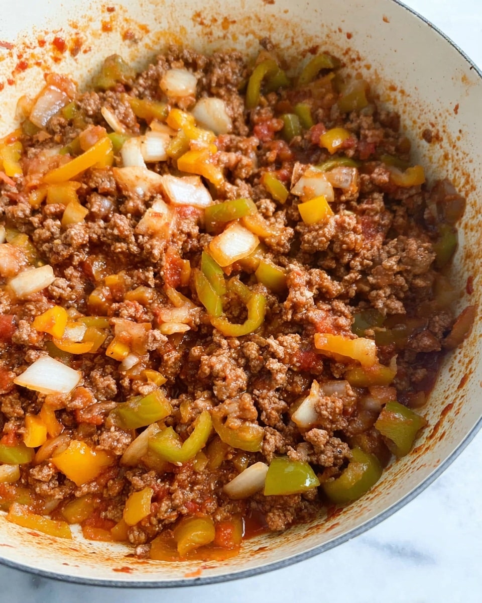 A close-up view of a white pot filled with cooked ground meat mixed with yellow bell peppers and white onion pieces. The meat is brown and crumbly, while the bell peppers and onions are cut into small chunks and cooked until soft. The sides of the pot show some splattered sauce, adding a hint of reddish-brown color around the edges. The background is a white marbled surface. Photo taken with an iphone --ar 4:5 --v 7