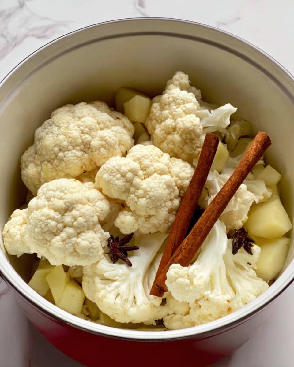 The image shows a white pot filled with large, uneven pieces of cauliflower that are off-white with rough, bumpy texture, placed on top of small, pale yellow diced pieces, likely potatoes. In the center, there are two brown cinnamon sticks standing upright among a few dark brown cloves scattered between the vegetables. The pot sits on a white marbled surface. photo taken with an iphone --ar 4:5 --v 7