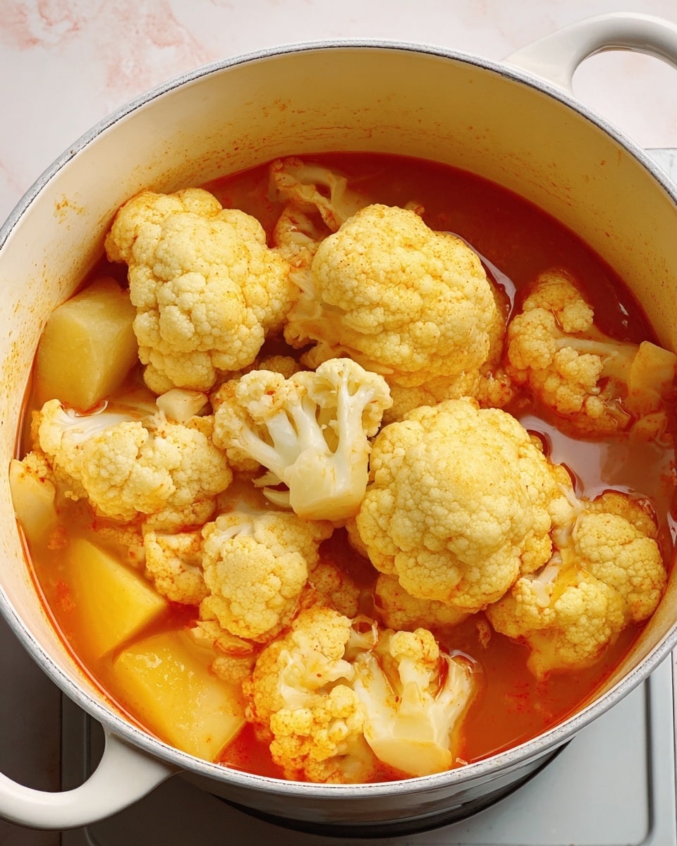 The image shows a white pot filled with large cauliflower florets mostly whole, sitting in a reddish-orange broth that has splashes on the pot's inner white walls. The cauliflower heads are light yellow with some orange tint from the broth, and the texture is bumpy and soft-looking. Pieces of what seem to be potato chunks are partially visible under the cauliflower, immersed in the broth. The pot is on a stove with a white marbled surface around it. photo taken with an iphone --ar 4:5 --v 7