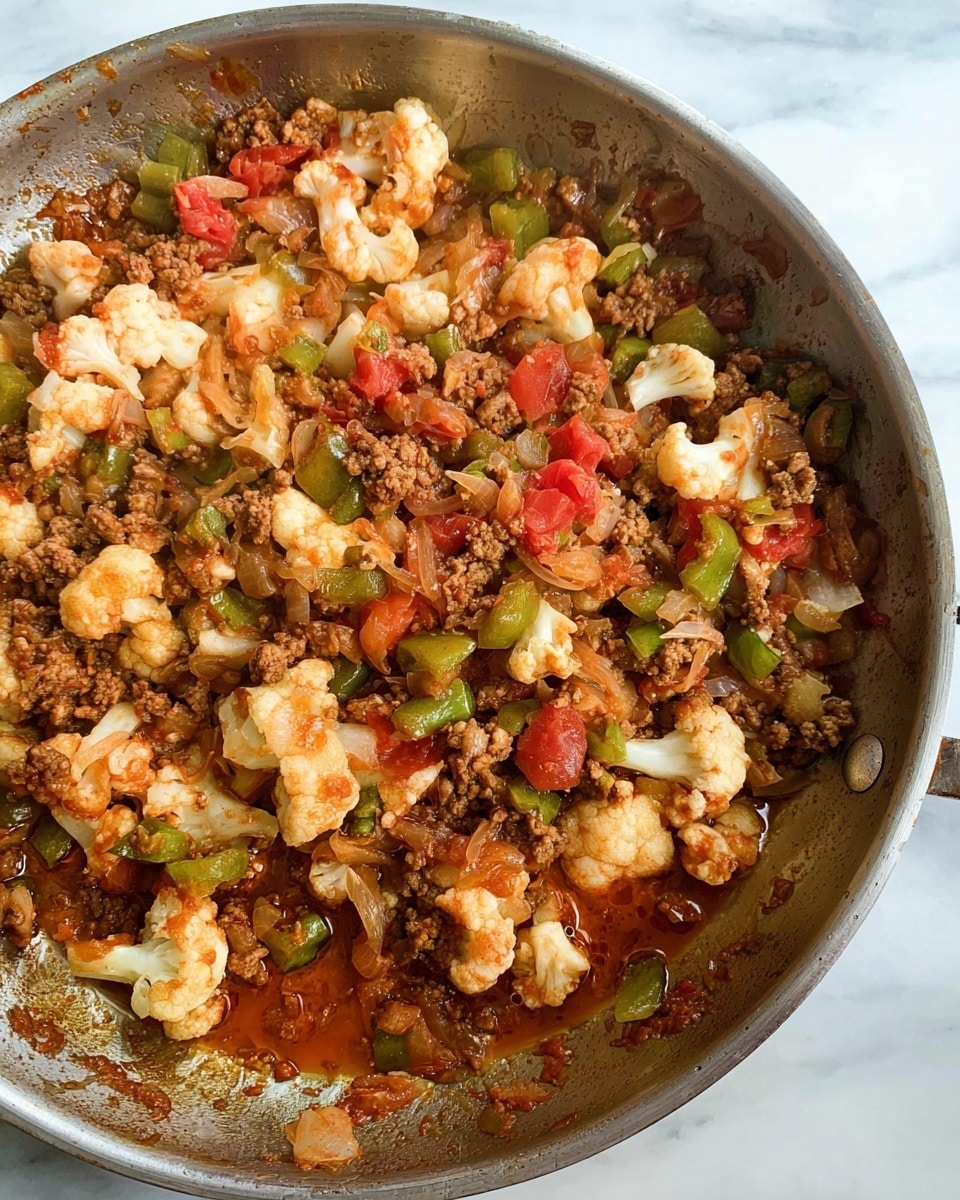 A silver pan filled with a mix of ingredients in layers of brown cooked ground meat, light orange and white cauliflower pieces, green chopped bell peppers, and small chunks of red tomato scattered throughout. The mixture is moist with a reddish-brown sauce coating the ingredients, and bits of translucent cooked onion are visible. The pan sits on a white marbled surface with some sauce drips on the pan edges photo taken with an iphone --ar 4:5 --v 7