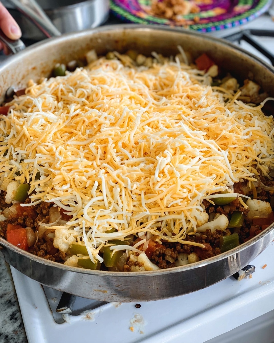 A close-up of a large silver pan filled with a cooked mixture of diced vegetables and ground meat on the bottom layer, showing visible pieces of cauliflower, green pepper, tomato, and onion with a brown cooked texture. The top layer shows a thick spread of shredded yellow and white cheese covering the vegetables almost fully, giving a soft, stringy texture. The pan sits on a white stove top with a white marbled surface underneath. In the background, there is a colorful plate and part of a woman's hand holding a utensil. photo taken with an iphone --ar 4:5 --v 7