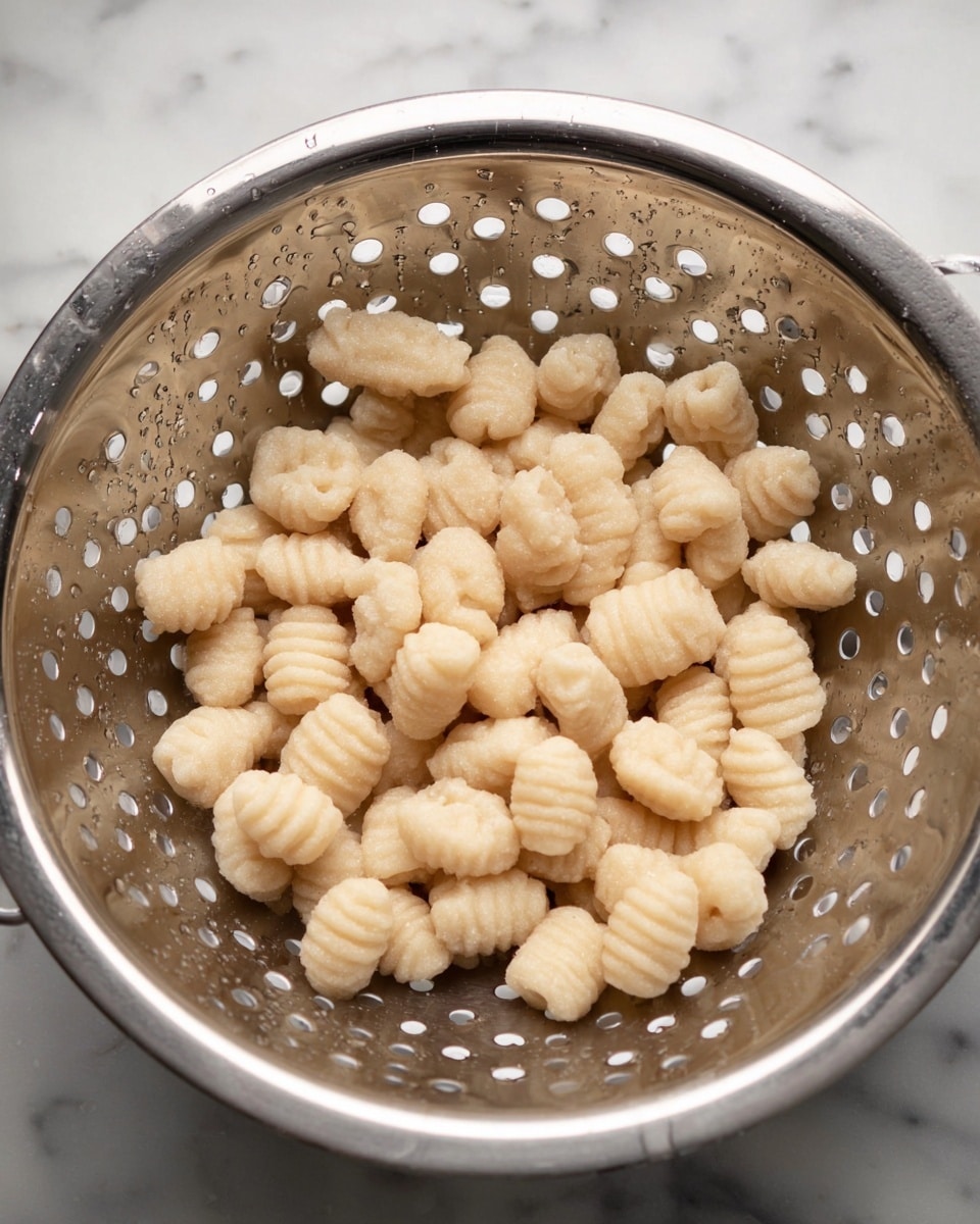 This image shows a metal colander filled with freshly made gnocchi. The gnocchi pieces are small, soft, and light beige in color, each one having a ridged texture made by pressing with a fork or a special tool. They are scattered evenly inside the colander, which has many round holes and a shiny silver surface. Water droplets are visible on the gnocchi and inside the colander, showing that they have just been rinsed or drained. The colander is placed on a surface with a white marbled texture. photo taken with an iphone --ar 4:5 --v 7