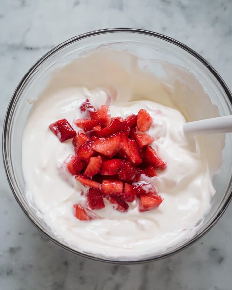 A clear glass bowl filled with thick white cream with a smooth texture, with small pieces of bright red chopped strawberries placed on top in the center. The bowl sits on a white marbled surface, and a white spoon is partially visible inside the bowl, mixing the strawberries into the cream. photo taken with an iphone --ar 4:5 --v 7