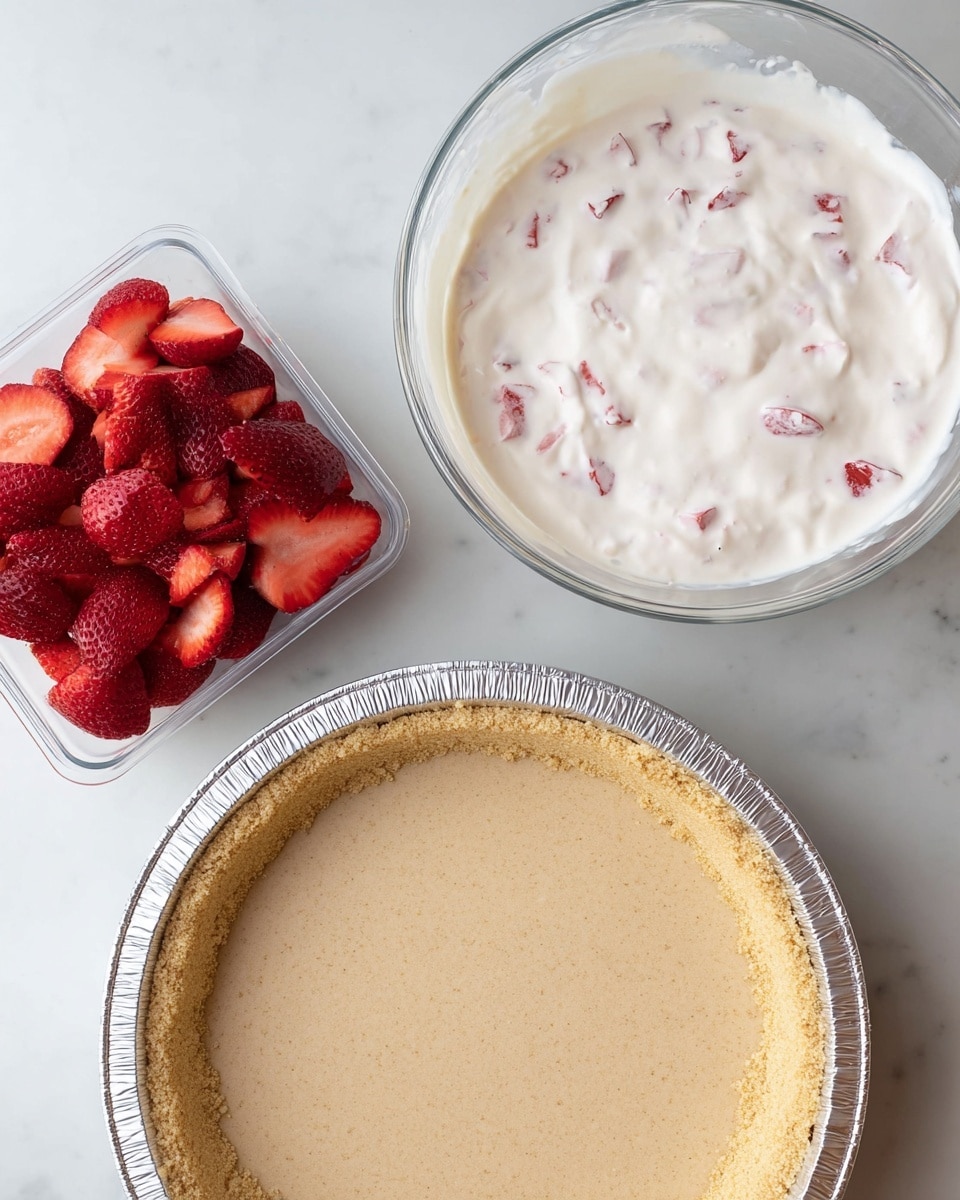The image shows three main parts arranged on a white marbled surface: on the bottom left, there is a round, beige pie crust in a silver foil pan with a smooth, crumbly texture and even edges; on the top right, a clear glass bowl holds a thick, creamy white mixture with small bits of red strawberry pieces spread evenly throughout; and on the top left, a small clear square container is filled with whole and sliced bright red strawberries with detailed seeds and juicy texture visible. The scene is simple and bright, emphasizing the fresh ingredients and different textures. photo taken with an iphone --ar 4:5 --v 7