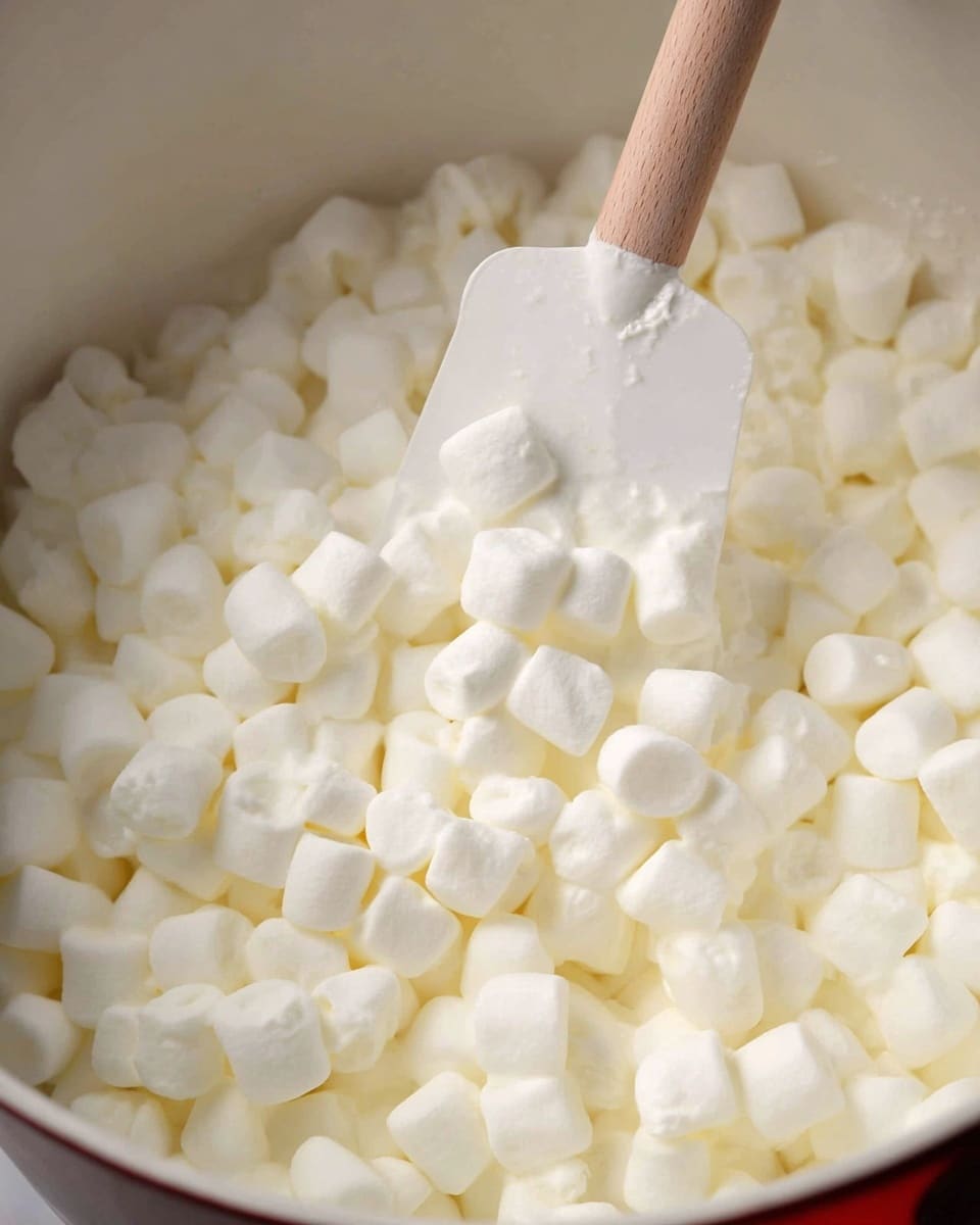 The image shows a close-up of a white pot filled with many small, soft, white marshmallows that are beginning to melt and stick together, creating a creamy, slightly shiny texture throughout. A white spatula with a wooden handle is partially embedded in the fluffy marshmallows, standing upright near the back of the pot. The pot itself has a smooth interior surface, and the bright white marshmallows contrast with the subtle creaminess of the melted parts. The scene is simple and focused closely on the texture and softness of the melting marshmallows. photo taken with an iphone --ar 4:5 --v 7