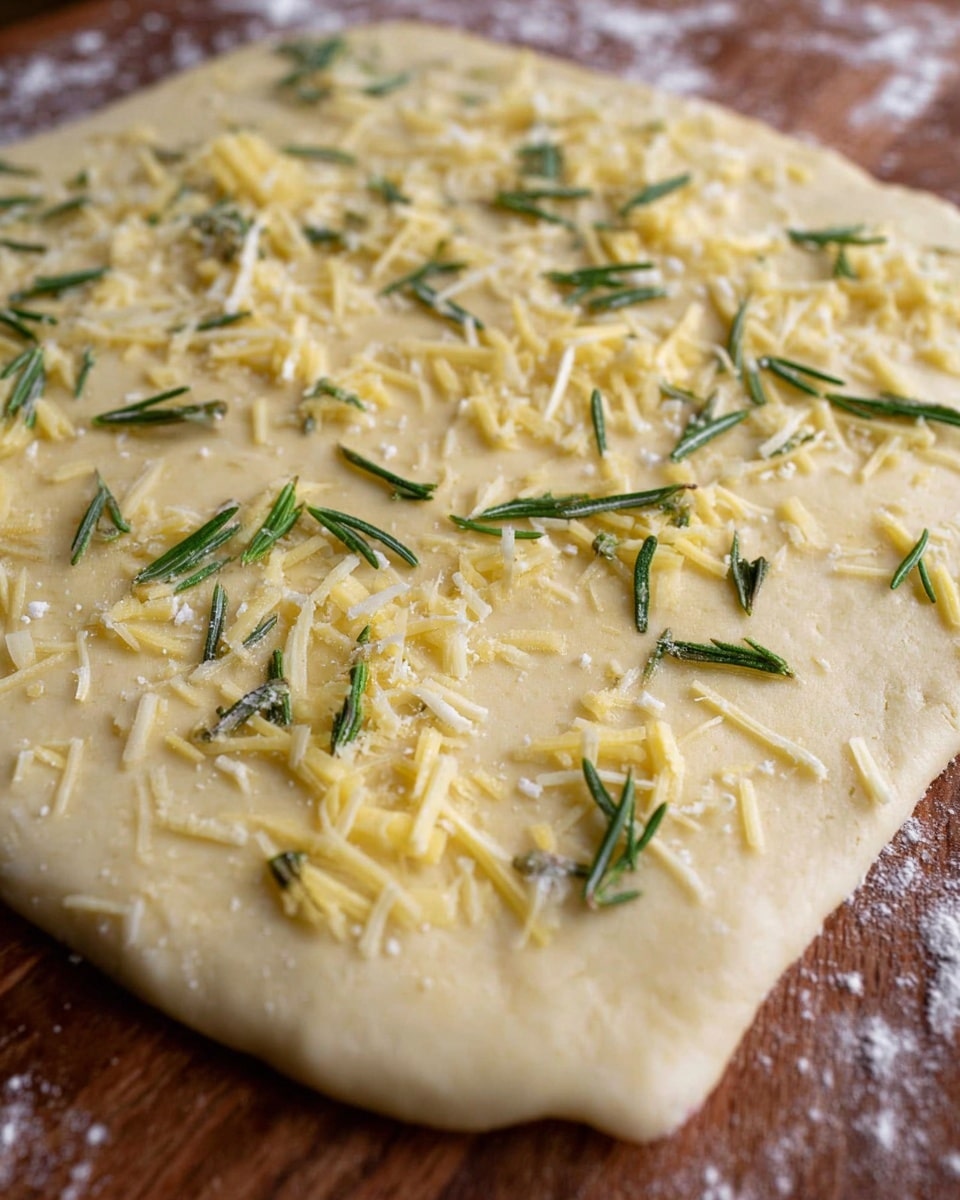 A flat sheet of light yellow dough spread evenly on a wooden board covered with some flour dust. Scattered on top are small shreds of pale yellow cheese and small sprigs of fresh green rosemary, giving a contrast of colors and textures across the dough surface. The light catches on the cheese shreds, making them slightly shiny, while the dough has a soft matte look. The wooden board underneath has a warm brown tone that frames the dough. photo taken with an iphone --ar 4:5 --v 7