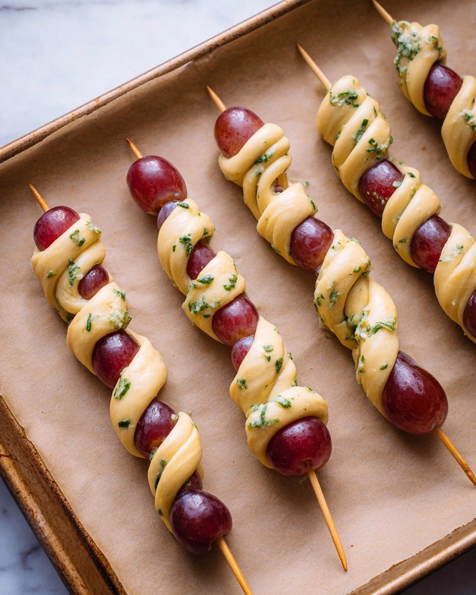 The image shows four wooden skewers laid side by side on a baking sheet lined with light brown parchment paper. Each skewer has several dark red grapes threaded onto it, with a thick pale yellow dough wrapped in a loose spiral shape around the grapes. The dough has small green herb pieces sprinkled throughout, adding texture and color contrast. The grapes shine with a smooth, glossy surface, while the dough appears soft and slightly uneven in thickness, curving gently around the grape shapes. The skewers extend beyond the baking sheet at one end. The background is a white marbled surface photo taken with an iphone --ar 4:5 --v 7