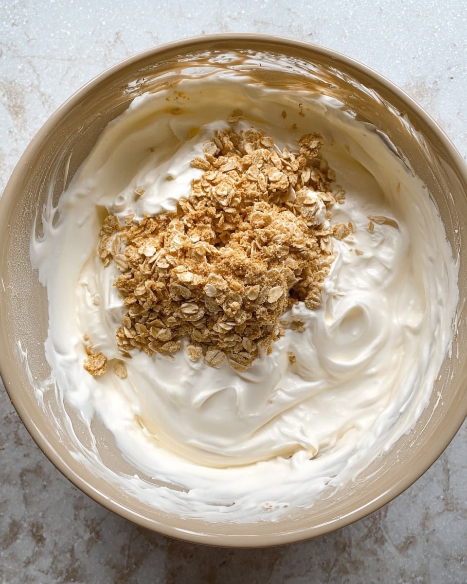 A mixing bowl filled with a large amount of thick, smooth white cream, covering most of the inside surface. On top of the cream, there is a rough, uneven cluster of light brown oat mixture that looks dry and crumbly with visible oat flakes. The bowl is placed on a white marbled surface, and its edges show some splashes of the white cream. The photo is taken from above, showing the texture contrast between the creamy base and the coarse oat topping photo taken with an iphone --ar 4:5 --v 7
