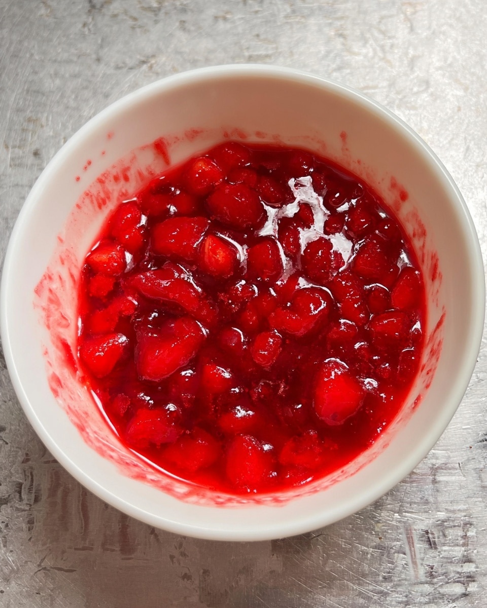 A white bowl filled with a thick bright red mixture containing small chunks of fruit. The mixture has a shiny, wet texture with visible pieces that look soft and cooked, sitting in a pool of red juice. The inside sides of the bowl are splattered with some of the red mixture, showing it was recently stirred or mixed. The bowl rests on a white marbled surface with a few metal ridges visible in the background. photo taken with an iphone --ar 4:5 --v 7
