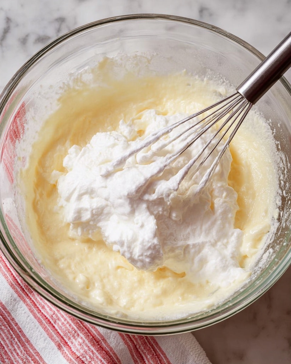 A clear glass bowl filled with a creamy, pale yellow batter at the base, mixed with fluffy white egg whites sitting on top, creating a textured, airy layer. A metal whisk rests inside the bowl, with some batter stuck between its wires, showing an ongoing mixing process. The bowl is placed on a white marbled surface, and a white and red striped cloth is partially visible behind it. The image captures a close-up top-down view emphasizing the mix of soft and smooth textures. Photo taken with an iphone --ar 4:5 --v 7