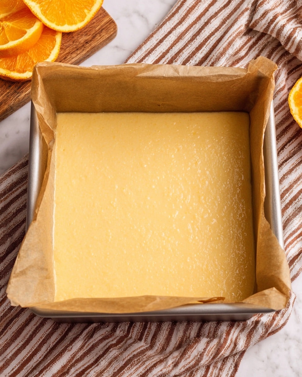 This image shows a single layer of smooth, light yellow batter spread evenly inside a square metal baking pan lined with crinkled brown parchment paper. The batter has a slightly bubbly texture on the surface. The pan sits on a striped brown and white cloth on a white marbled surface. A wooden cutting board and sliced orange are partially visible in the background. Photo taken with an iphone --ar 4:5 --v 7
