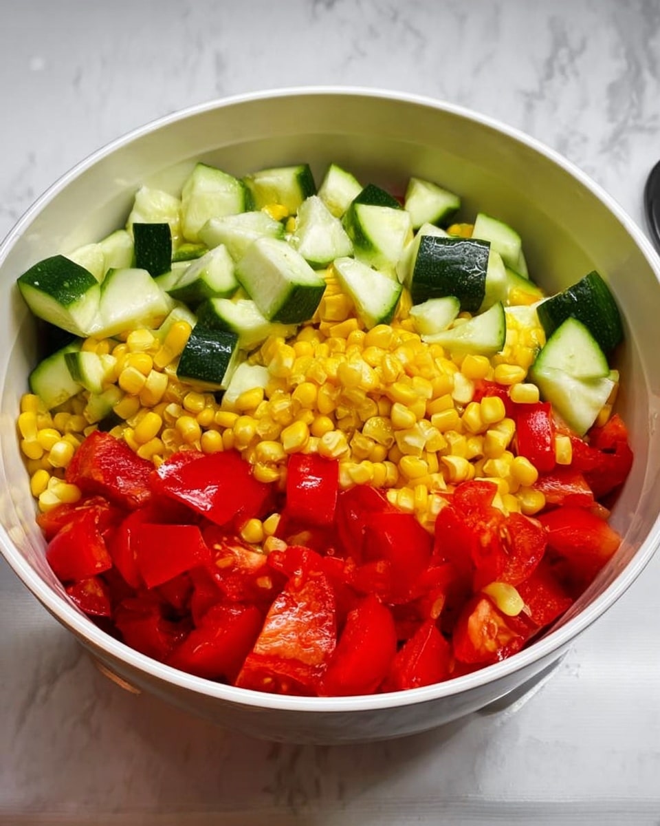 A white bowl filled with three layered vegetables: the bottom layer is red tomato pieces, the middle layer is bright yellow corn kernels, and the top layer is green and pale cucumber chunks. The vegetables are fresh and look crisp, sitting on a white marbled surface. Photo taken with an iphone --ar 4:5 --v 7