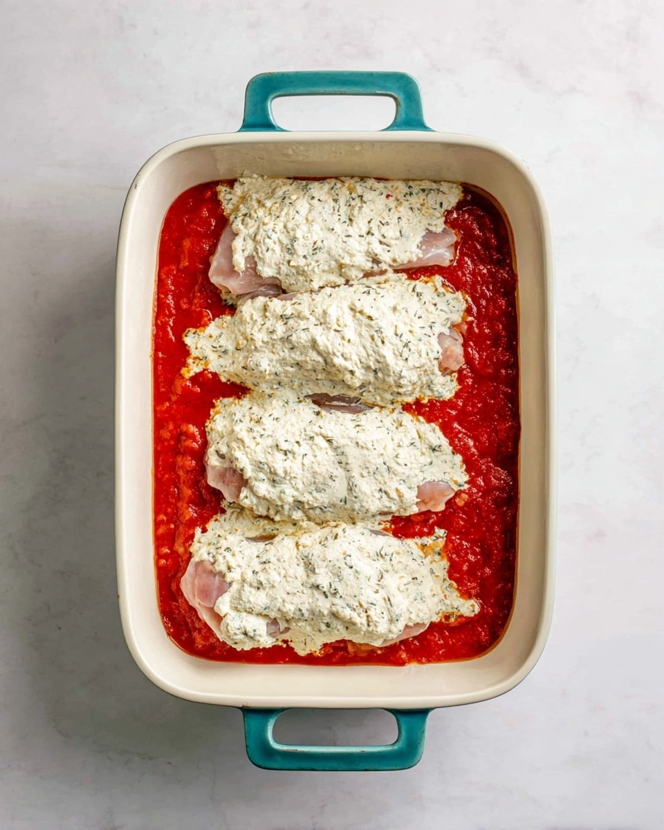 A white baking dish with teal handles holds a layered dish starting with a bright red tomato sauce spread evenly at the bottom. On top of this sauce, there are four pieces of raw meat arranged in two rows, slightly overlapping. Each piece of meat is fully covered with a thick, creamy white mixture speckled with small dark herbs, giving it a textured look. The dish sits on a white marbled surface, viewed from above showing clear contrasts between the vibrant red sauce, pale meat, and the white herb mixture. photo taken with an iphone --ar 4:5 --v 7