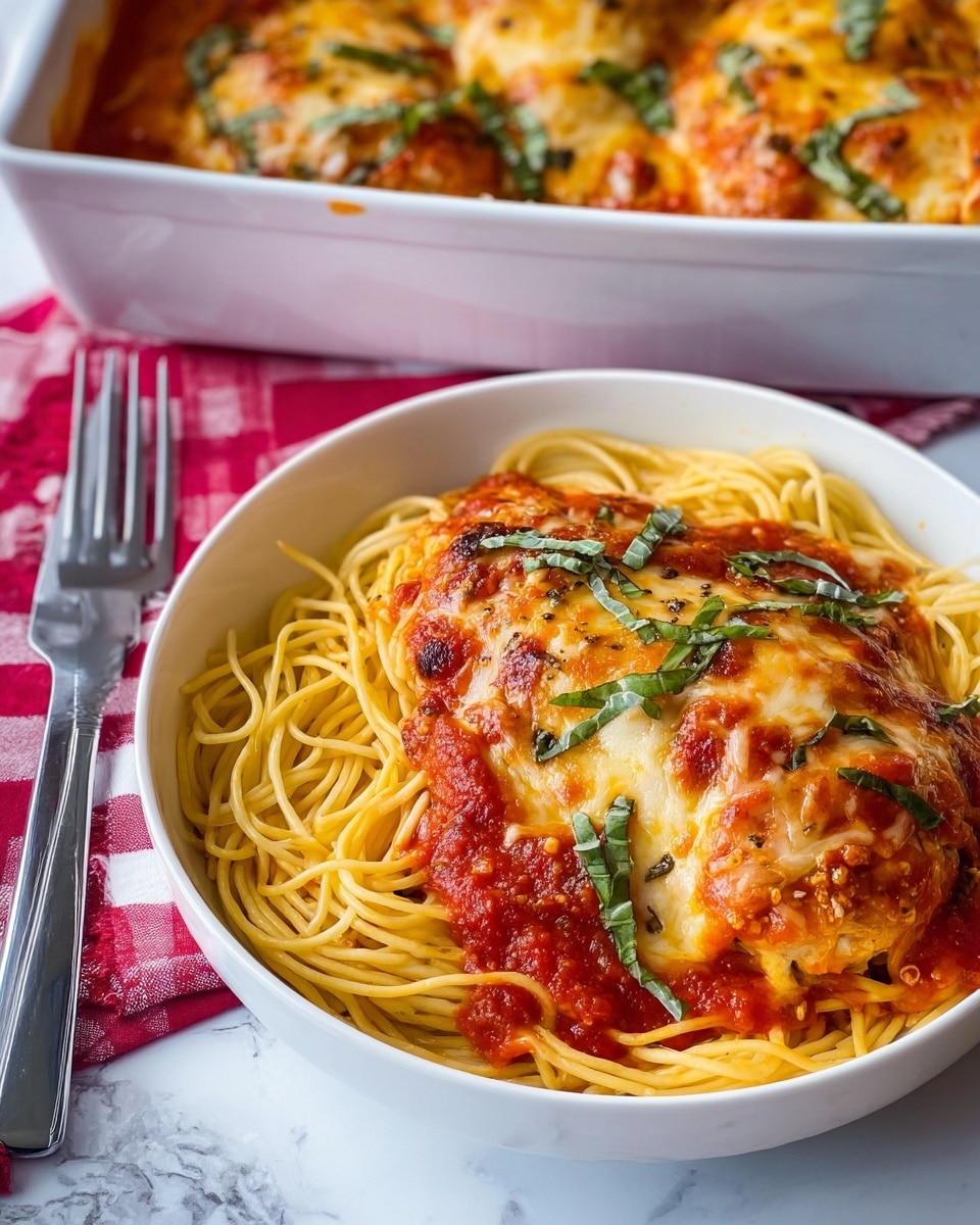 A white bowl filled with a layer of cooked spaghetti noodles, light yellow in color and slightly glossy, topped with a thick layer of rich red tomato sauce with small chunks and mixed herbs. On top of the sauce is a large piece of baked chicken covered in melted, browned cheese that has a golden and light brown texture, garnished with thin strips of fresh green basil. In the background, there is a white rectangular baking dish also filled with chicken covered in sauce and cheese with green basil on top, set on a white marbled surface. A silver fork and knife rest on a red and white checkered cloth beside the bowl. Photo taken with an iphone --ar 4:5 --v 7