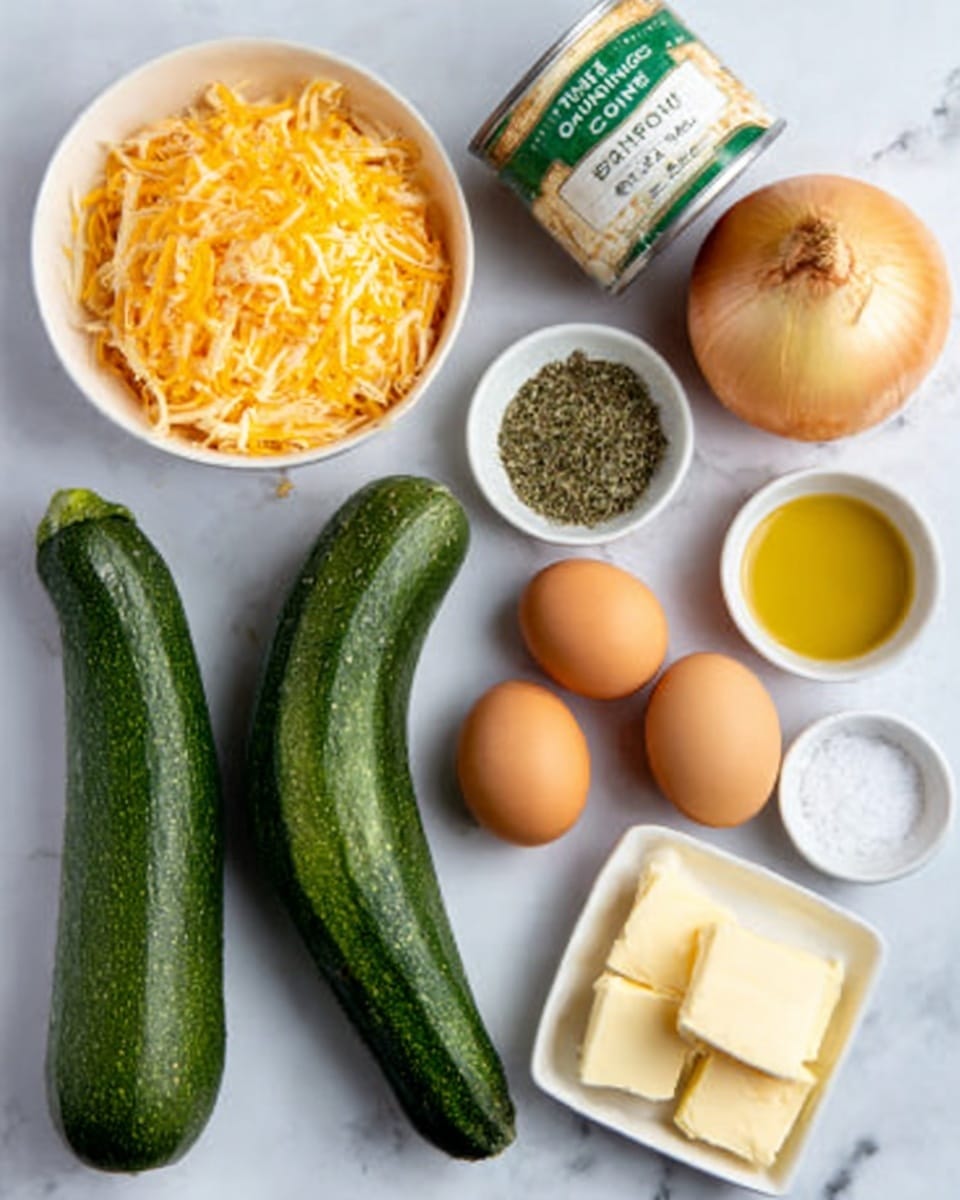 The image shows two green zucchinis placed side by side on a white marbled surface, with a small white round bowl of mixed dried herbs nearby. Above them, there is a white bowl filled with shredded orange cheddar cheese and a yellow onion resting next to a can of cream of chicken soup with a green label. On the lower right, there are two brown eggs positioned near a small white bowl holding a golden liquid, likely oil. In the bottom right corner, a square white dish contains three small pieces of butter, and next to it are two small white square containers, one with salt and the other with pepper. photo taken with an iphone --ar 4:5 --v 7