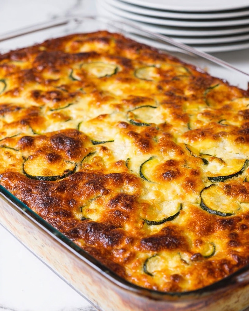 The image shows a rectangular clear glass baking dish filled with a baked casserole that has a golden brown and slightly crispy top layer. The surface is uneven with some darker browned spots and visible thin round slices of green zucchini embedded throughout. The casserole looks thick and creamy beneath the browned top, and the edges are darker and slightly raised. Four stacked white plates are in the background on a white marbled surface. The photo is taken from a close angle showing the baked dish’s textures and colors clearly. photo taken with an iphone --ar 4:5 --v 7