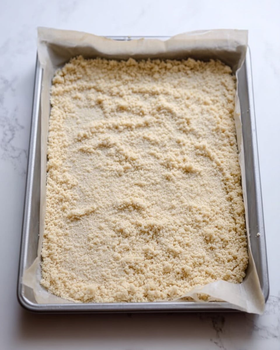 A rectangular metal baking tray is lined with parchment paper, holding a single layer of a light beige crumbly mixture spread evenly across the bottom. The texture is rough and grainy, with some parts showing a slightly clumped look, indicating a dough or crust base being prepared before baking. The tray is set on a white marbled surface. photo taken with an iphone --ar 4:5 --v 7