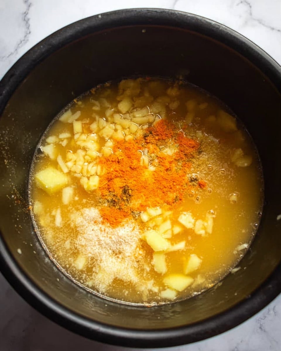 The image shows a close-up of a dark pot filled with a liquid cooking base. In the liquid, there are small chopped light yellow pieces scattered mostly in the center. On top of the chopped pieces, there is a sprinkling of fine white and orange powders. The inside surface of the pot is smooth and black, and the background around the pot is a white marbled texture. photo taken with an iphone --ar 4:5 --v 7