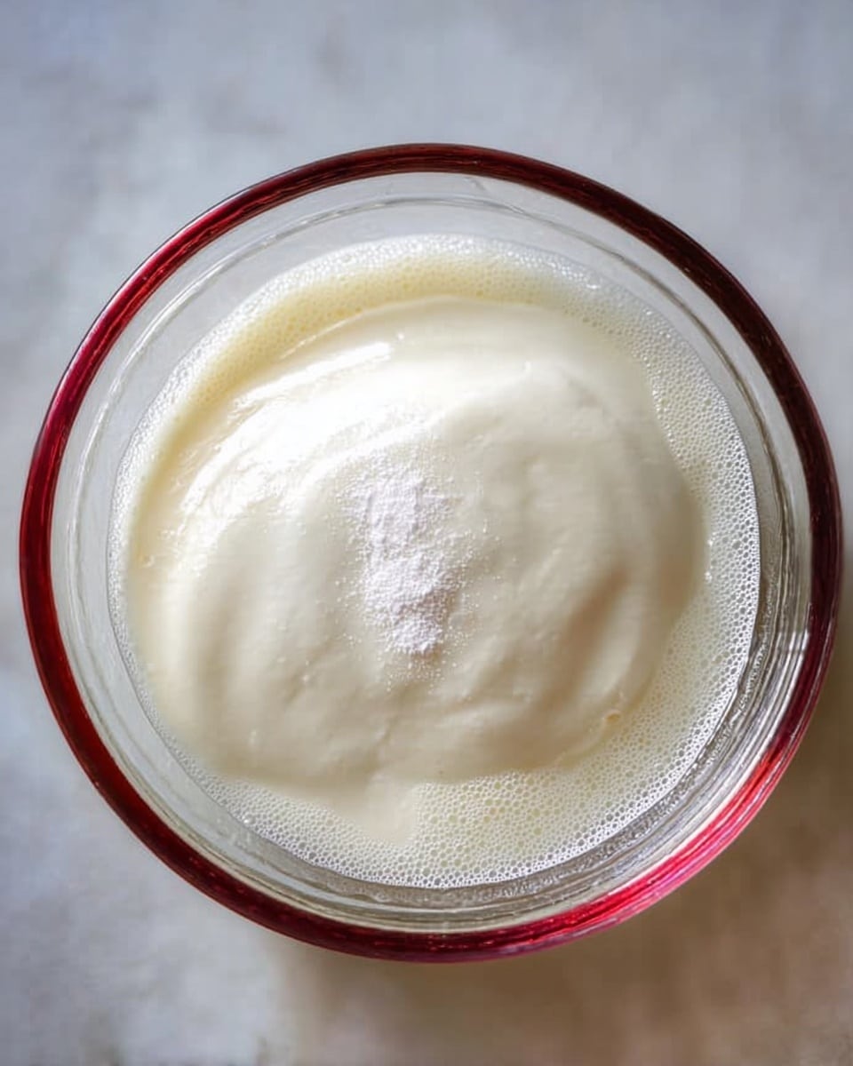 A clear glass bowl on a white marbled surface shows two main layers: a transparent, slightly bubbly liquid at the bottom and a thick, creamy white layer sitting on top, smooth with slight swirls. There is also a small sprinkle of white powder resting on the creamy layer near the center. The bowl’s rim has a dark red color, and the light reflects softly on its surface, giving the image a clean and fresh look. photo taken with an iphone --ar 4:5 --v 7