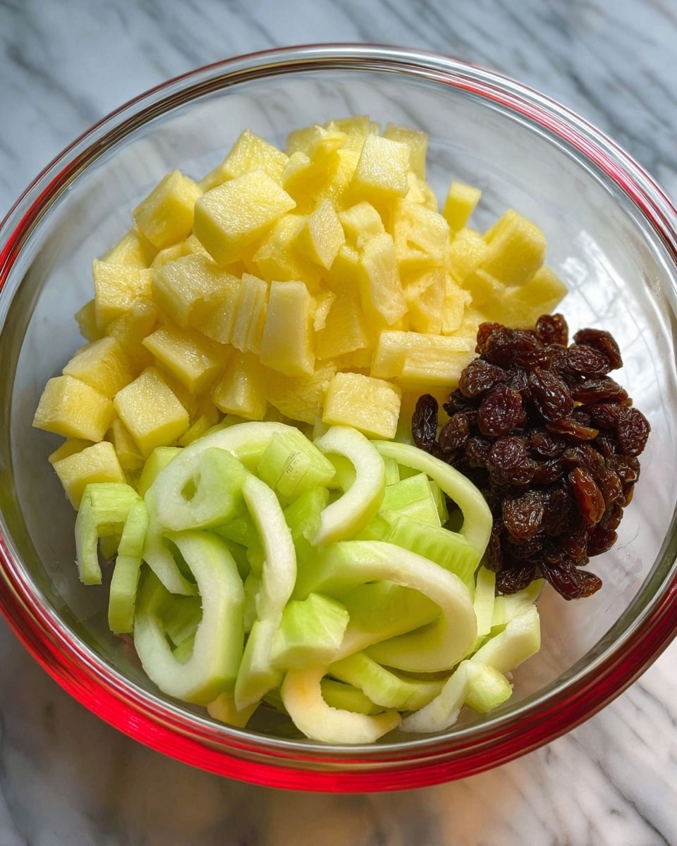 A clear glass bowl placed on a white marbled surface holds three main layers: on the left, light yellow cubed pieces of fruit with a slightly shiny texture; on the right, pale green curved slices of celery with a crisp, smooth look; and at the bottom right, a small pile of dark brown, wrinkled raisins adding contrast. The bowl rim is thin, with a red tint. photo taken with an iphone --ar 4:5 --v 7