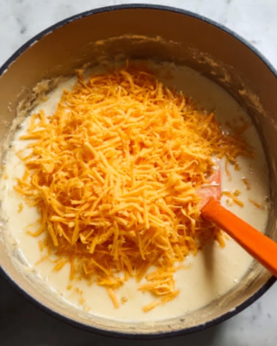 The image shows a close-up of a cooking pot filled with a creamy white sauce that covers the bottom layer. On top, there is a thick layer of shredded orange cheese spread evenly across the sauce. An orange spoon is placed partly inside the pot, resting on the cheese layer, with its handle angled toward the bottom right corner of the image. The pot is on a white marbled surface, and the lighting highlights the smooth and creamy texture of the sauce beneath the cheese layer. Photo taken with an iphone --ar 4:5 --v 7