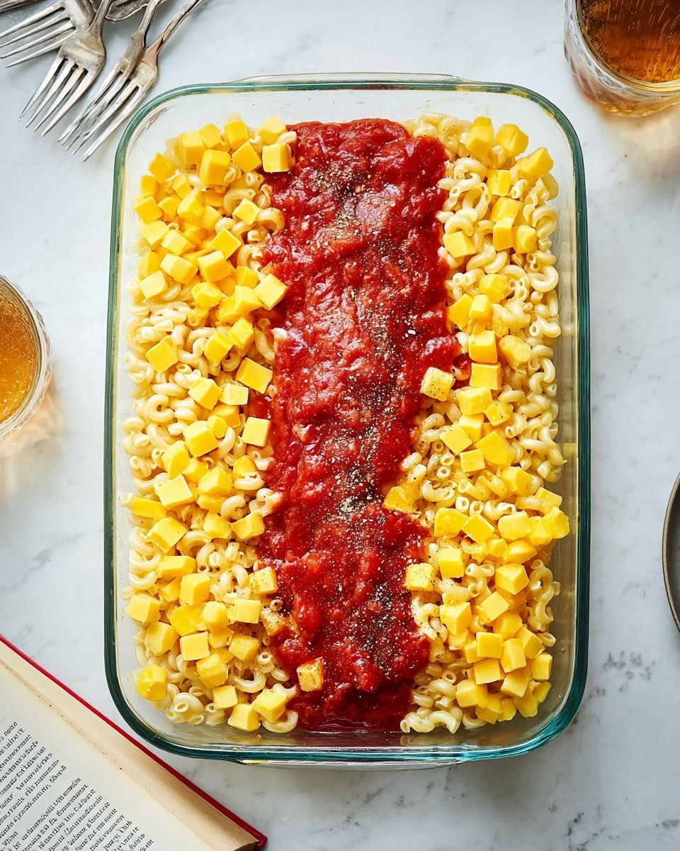 A glass baking dish filled with a base layer of small elbow macaroni pasta, pale yellow in color, topped evenly with small cubes of bright yellow cheddar cheese. Running down the center of the dish is a thick line of rich red tomato sauce with a glossy texture, partially melted butter scattered on top and sprinkled lightly with black pepper. The dish is placed on a white marbled surface with an open book at the bottom left and a woman's hand holding a glass of drink at the top left, along with silver forks toward the top right. Photo taken with an iphone --ar 4:5 --v 7