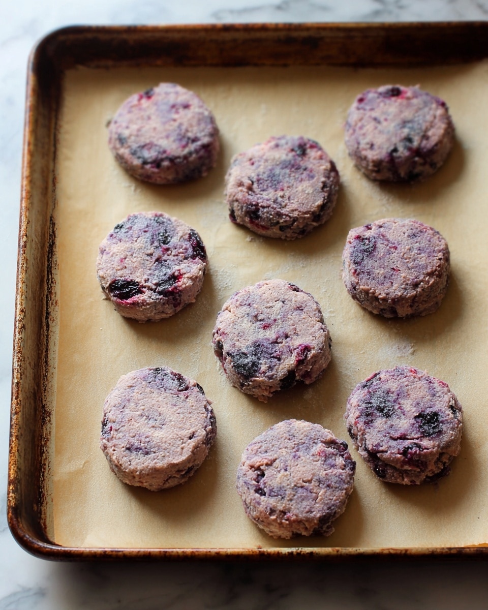 The image shows a baking tray lined with light brown parchment paper, holding ten round, uncooked patties arranged in three rows. Each patty has a thick, rough texture and is mainly a pale purple color with darker purple and reddish spots inside, showing bits of fruit or berries mixed within the dough. The edges of the patties are slightly uneven, and the surface looks lightly dusted with flour. The tray edges are visible and have small rust marks, with the tray placed on a white marbled surface. photo taken with an iphone --ar 4:5 --v 7
